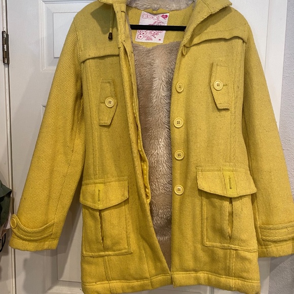 Yellow Corduroy hooded Peacoat, fully faux fur lined (medium) - Picture 1 of 4